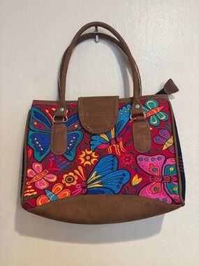 Beautiful and Vibrant Butterfly Embroidered Handbag, Faux Soft Leather